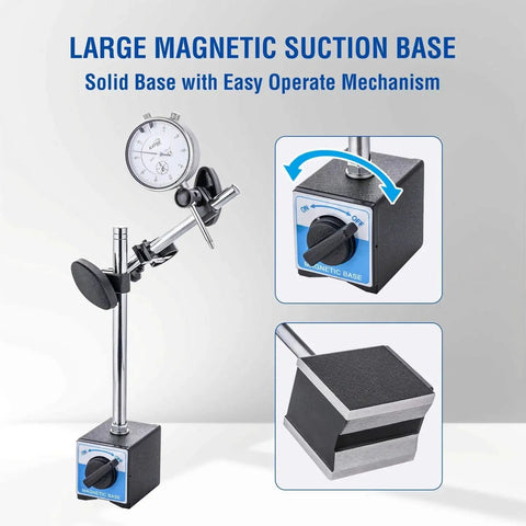 Dial Indicator With Magnetic Base And 22 Piece Indicator Points Set For Pro Grade Precision Measuring 0 To 1.0 In Range And 0.001 In Accuracy Fine Adjustment Magnetic Base With Strong Hold Long Arm Storage Case Included Model 401111 showing large suction base.