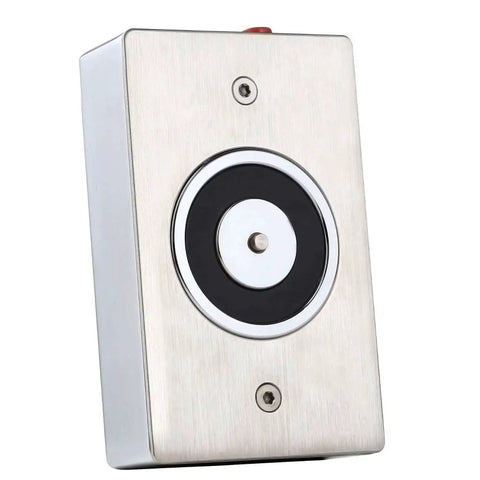 Close-up of Emergency Smokeproof Electromagnetic Door Holder American Type Flush Wall Mount, Heavy Duty Fail Safe Lock in silver finish.