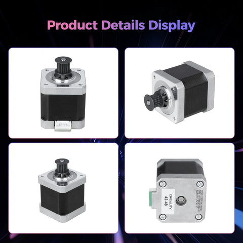 Creality K2/K2 Pro Z-axis stepper motor, black body with silver ends, front view
Creality K2/K2 Pro Z-axis stepper motor, side view showing shaft and coil housing
Creality K2/K2 Pro Z-axis stepper motor, angled view with connector and black body
Creality K2/K2 Pro Z-axis stepper motor, rear view with label on silver housing