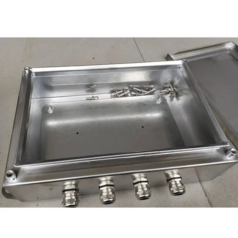 Weatherproof Junction Box For Wall Mount Tough As Nails Built To Last Heavy Duty 304 Stainless Steel Enclosure open with cable glands
