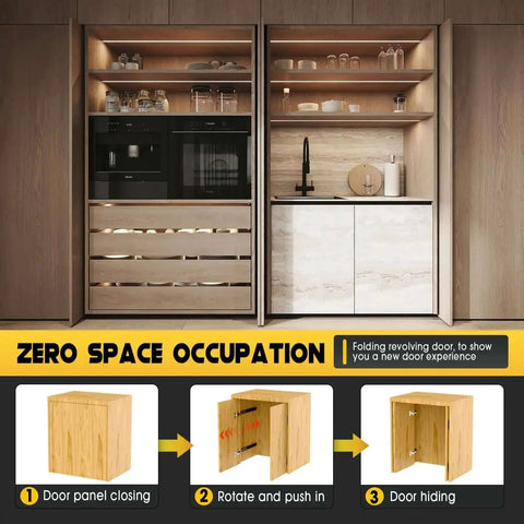 Heavy Duty Pocket Door Hardware Kit With DIY Friendly Hidden Sliding System and pivot hinges installed in recessed kitchen cabinet doors
