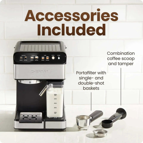 Front view of CafeMaster Pro Espresso Machine with accessories including portafilter and milk frother displayed on white countertop.