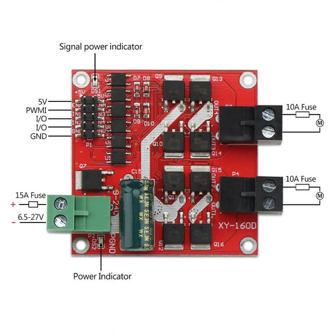 Top view of Dual H Bridge DC Motor Driver For Two Motors, PWM Speed Controller 6.5V To 27V, circuit board with labeled ports.