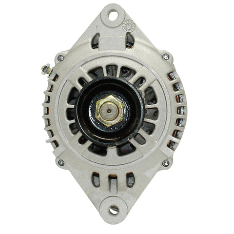 Front view of remanufactured automotive alternator with high temp bearings and double lip seals for less friction and quieter operation
