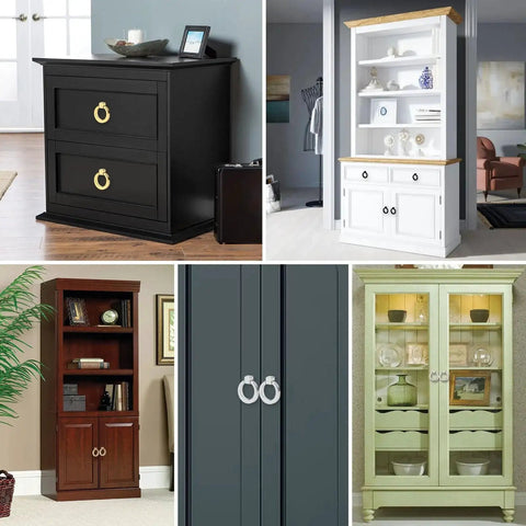 Various cabinets featuring Brushed Gold Ring Drawer Pulls Set Of 4 Round Cabinet Pulls For Furniture Hardware Zinc Alloy Dresser Cupboard Closet Door Handle With Smooth Brushed Finish Dimensions 4.17 By 3.96 By 0.99 Cm Screw Size 2.4 Cm.