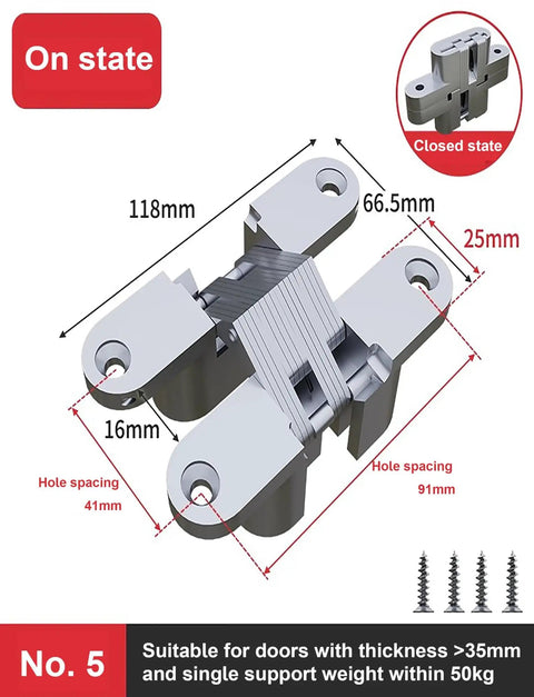 Hidden Door Hinge Set 2Pcs Invisible Cross Hinges For Kitchen Cabinet Doors 180 Degree Opening Zinc Alloy Concealed Cabinet Hinges Silent Smooth Rotation With Durable Bearing Link Color 2 And 5, showing dimensions and hole spacing.