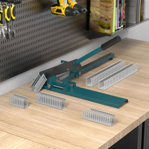 Open Slot PVC Wire Duct Cutter For Trunking And Cover Cutting with adjustable angles and ruler, displayed on a workbench.