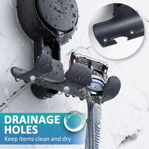 2 Pack Suction Cup Shower Razor And Bathroom Accessory Holder with drainage holes, holding a razor on a wet shower wall.