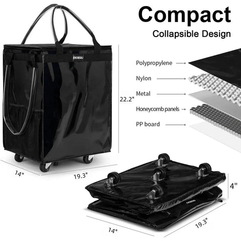 Large Black Reusable Grocery Bag On Wheels Foldable Rolling Tote With Zipper Closure, heavy-duty polypropylene, compact design