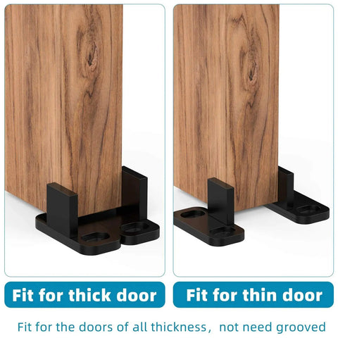Eight Piece Barn Door Floor Guides Set For Sliding Doors Bottom Mount Floor Track And Closet Hardware Plastic Wall Mounted Guides With Bypass And Pocket Options Includes Screws Black Finish shown installed on thick and thin door