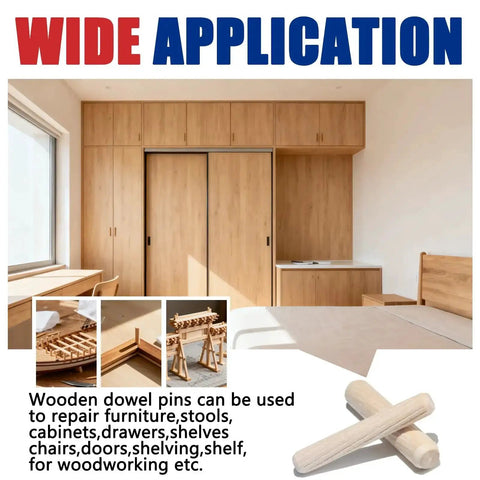 Fluted Wood Dowels Kit Pack Of 110 with close-ups of dowel applications in furniture woodworking and DIY projects.