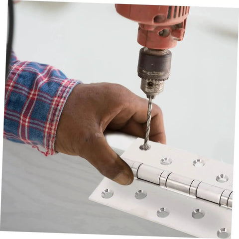 Installing Heavy Duty Stainless Steel Door Hinges With Ball Bearings For Exterior Use, showing square corner design and drill.
