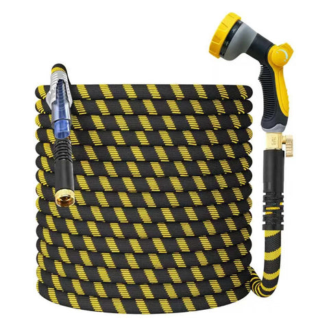 Non-Expanding garden hose, 100 ft, yellow/black fabric with brass fittings and jet nozzle