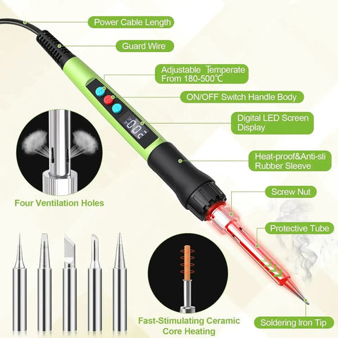 100W LED Digital Soldering Iron Kit with Ceramic Heater, digital LED display, and multiple tips shown, for hobby and repair.