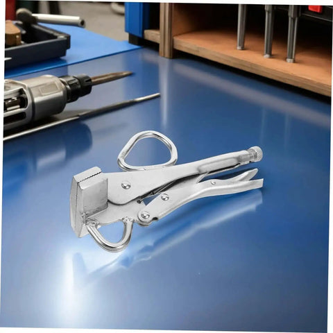 Adjustable Auto Body Sheet Metal Clamp Pliers with Beefy Wide Flat Duckbill Jaws for precise welding, on a workshop table.