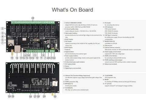 Diagram of 8 Channel ESP32 S3 WiFi Relay Module With Onboard RS485 Digital Inputs Relay Outputs Ethernet Port And Multiple Isolation Protection Circuits For Industrial Automation And Bluetooth WiFi Remote Control features components and connections.