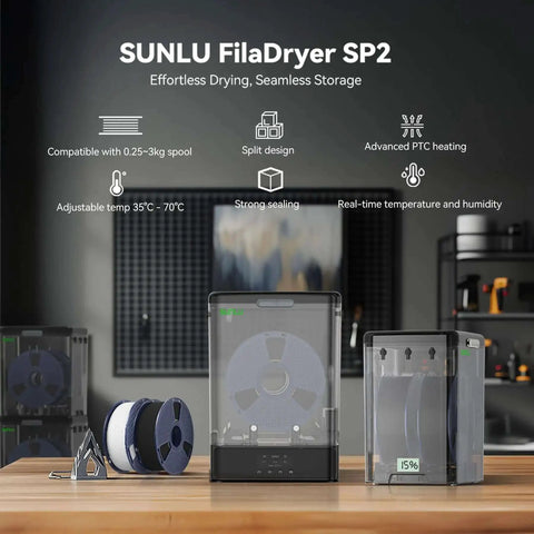 SP2 Filament Box Dryer With Rapid Heating To 70C in black, two stackable units drying 3D printing filament spools in a workshop setting