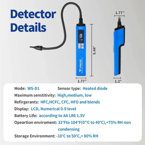 Advanced HVAC Leak Detector for Halogen Gas Leaks and Freon Alarm LCD Display Detects R22 R410A R134A R1234yf With Three Sensitivity Modes Up To 0.1 Oz Per Year Fast Warm Up Handy Refrigerant Tester for Pros shown with dimensions and display details.