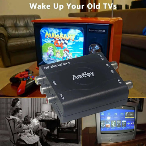 RF Modulator For AV To Coax Output With Channel 3 4 Switch on table near retro TV showing Mario Kart game