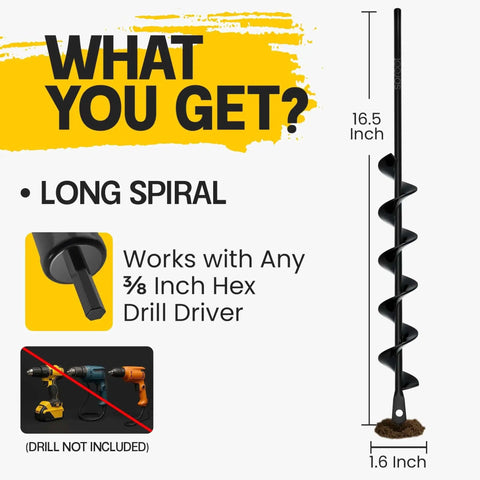 Garden Auger Drill Bit For Planting One Point Six By Sixteen Point Five Inch With Three Eighth Inch Hex Drive Fits Standard Drills