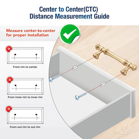 Installation guide for Brushed Brass Cabinet Handles 10 Pack 3 Inch Hole Centers Zinc Gold Drawer Pulls showing measurement instructions.