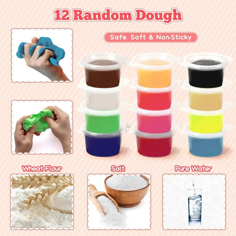 12 containers of random colored dough, safe and soft, for creative play; images of wheat flour, salt, and water also visible.