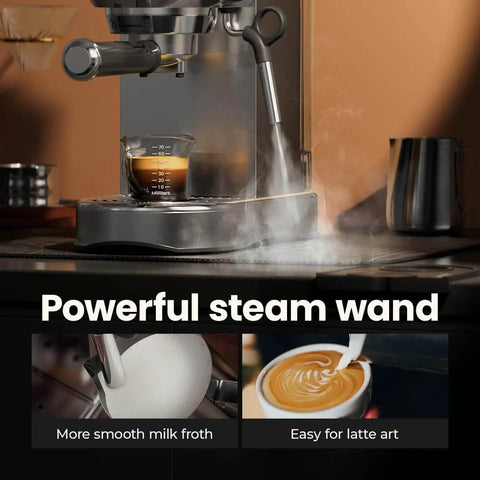 20 Bar Espresso Machine With Steam Wand, Compact Stainless Steel Coffee Maker for Lattes and Cappuccinos with steaming milk feature.