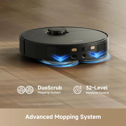 Dreame L40 Ultra Gen 2 robot vacuum and mop in black on a wooden floor with blue LED lights and side brushes.