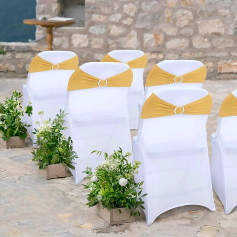 Gold Spandex Chair Sashes 30 Piece With Sliders For Wedding Banquet Decor displayed on white chairs outdoors