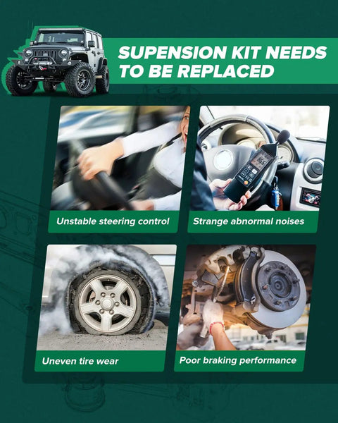 Signs you need a new suspension kit: unstable steering, abnormal noises, uneven tire wear, poor braking performance