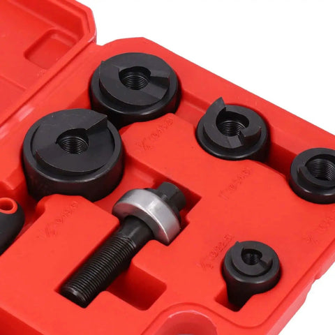 Ratchet Hole Punch Driver Kit With Six Punch Sizes in a red case for metal sheets, showing durable metal components and varied punch sizes.