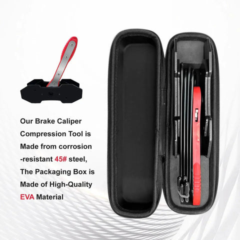 Brake caliper piston compression tool kit with red handle, 4 hooks and 2 steel plates in a black zip case.