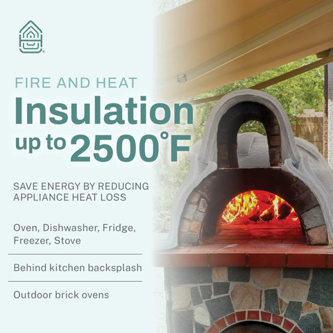 Ceramic fiber insulation advertisement; outdoor brick oven with glowing fire and teal info panel reading insulation up to 2500°F.