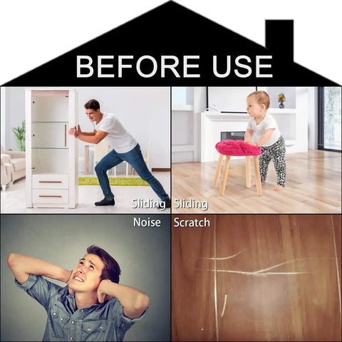 Before use scenario showing furniture sliding, noise, and floor scratch issues on hardwood without Non Slip Furniture Pads 24 Pack.