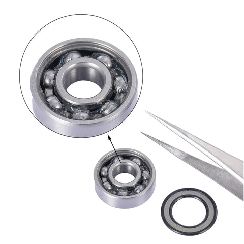 608-2RS Pre Lubricated Skate Wheel Bearing with exposed inner components, ABEC 5 view, next to tweezers