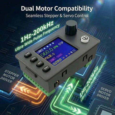 DIY Friendly Stepper Motor Controller For CNC And PLC 12 24V DC With 1.8 Inch Color Screen showing speed and pulse display, rotary encoder visible.