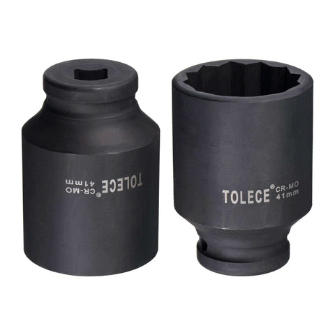 Two views of Beefy One Half Inch Drive 41mm 12 Point Deep Impact Socket in CR-MO Steel, black phosphate finish for rust resistance.