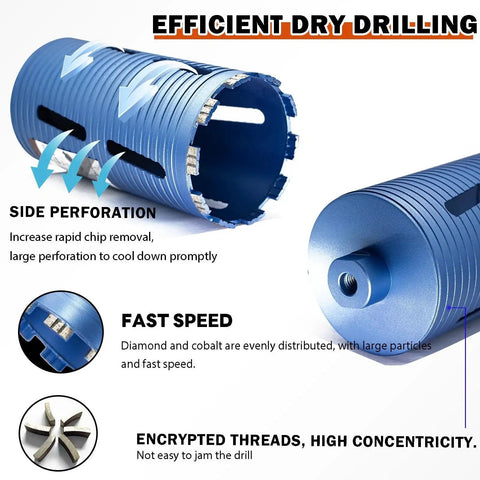 Dry Core Drill Bit Kit For Brick And Masonry 2 Inch OD With 9.5 Inch Depth Includes SDS Plus SDS Max And 1/2 Inch Hex Shank Adapters 5/8-11 Thread DaduoRi showing side view with fast speed and efficient dry drilling features.