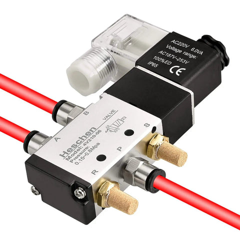 Electric Pneumatic Solenoid Valve 5 Way 2 Position, 220 VAC, 4V210-06 compatible with fittings and red hoses.