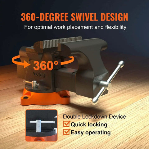 Side view of Versatile 6 Inch Bench Vise With 360 Degree Swivel And Anvil VEVOR Heavy Duty Ductile Iron Workbench Vise showing swivel and lockdown.