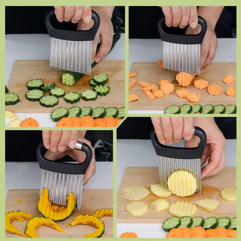 Large Potato Crinkle Cutter FATUXZ Stainless Steel Waffle Fry Slicer in use on cucumbers, carrots, and potatoes.