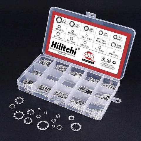 Hilitchi 400-piece 304 stainless steel external/internal tooth star lock washer set (M2-M12) in clear plastic case