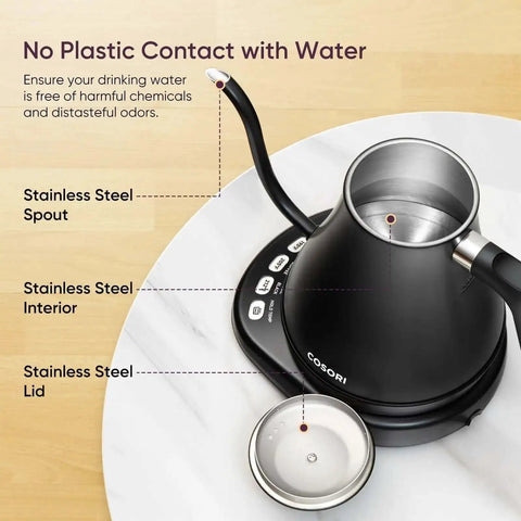 Gooseneck Electric Kettle With 5 Temperature Presets For Coffee And Tea, 0.8L Capacity, stainless steel lid and bottom