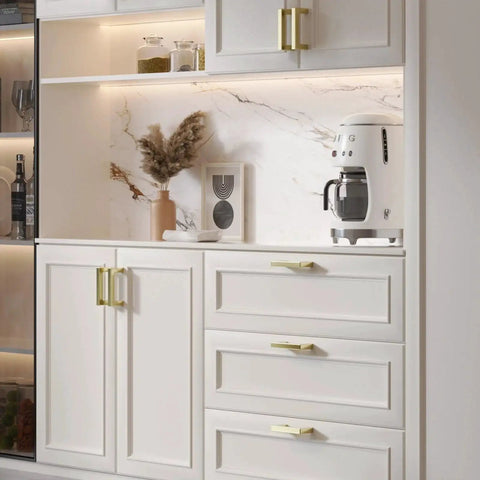 Set Of 20 5 Inch Brushed Gold Cabinet Handles With Square Style Design Premium Stainless Steel Drawer Pulls installed in modern kitchen