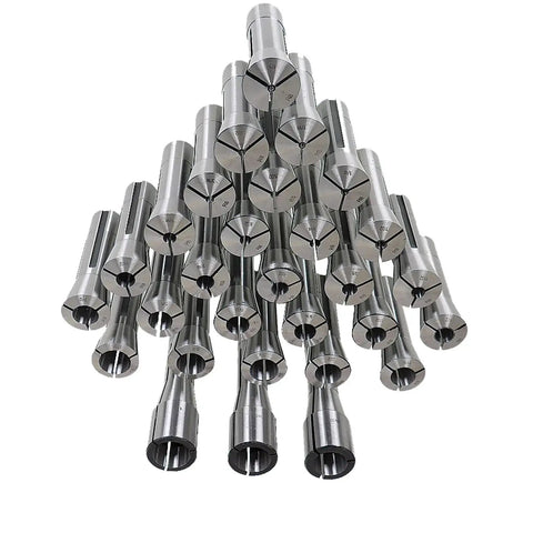 29 Piece R8 Steel Spring Collet Set for CNC Milling Chuck and Lathe Tool Holder arranged in pyramid shape