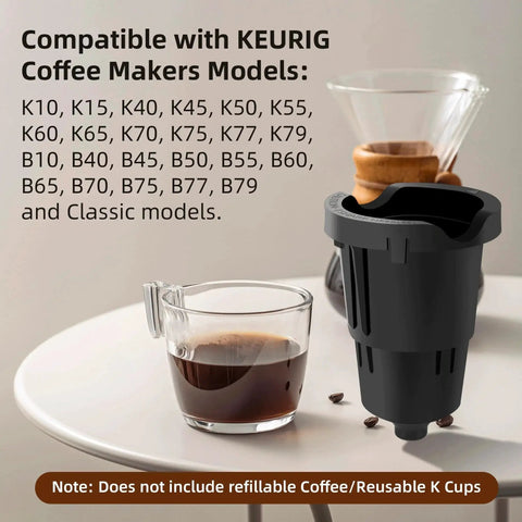 APPLIANCEMATES front view: dark gray K-Cup pod holder replacement for Keurig with exit needle, shown beside coffee cup.