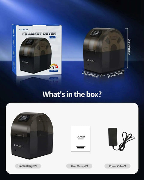 Dual Spool Filament Dryer Box for 3D Printer, showing product packaging and included accessories like manual and power cable.