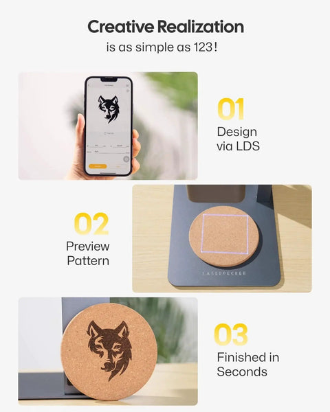 Steps showing the Powerful Portable Laser Engraver With Rotary Roller For Wood Metal Leather And Acrylic Engraving And Cutting Slick Handheld Or Desktop Use With Fast Galvo Tech And Ultra Fine 0.05 mm Detail LP2 Model From LaserPecker creating a wolf design on cork.