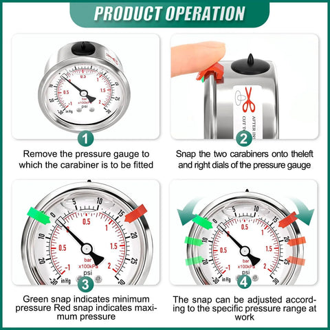 Illustrated operation steps for Glycerin Filled Stainless Steel Vacuum Pressure Gauge With Center Back Mount 2.5 Inch Dial
