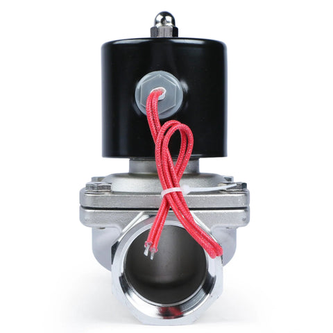 1-1/2 inch stainless steel solenoid valve with black coil housing and red wiring, threaded inlet/outlet